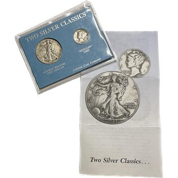 >Two Silver Classics - U.S. 1945 Silver Walking Liberty Half Dollar and 1942 Silver Mercury Dime - 2 Coins in Custom Holder