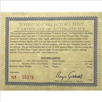 Freedom Tower Commemorative One Dollar Coin and COA .999 Pure Silver Recovered From Ground Zero 