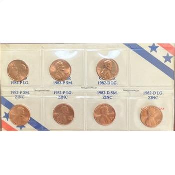 1982 P&D Lincoln Cent 7-Coin Set - Copper & Zinc, Large & Small Dates, Uncirculated