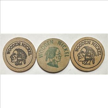 Wooden Nickels!  Kokomo Coin Club, Nassau & Thompson Inc and Lincoln Coin Shop - 3 Wooden Indian Head Nickel Tokens