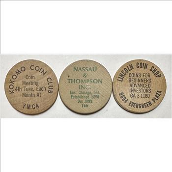 Wooden Nickels!  Kokomo Coin Club, Nassau & Thompson Inc and Lincoln Coin Shop - 3 Wooden Indian Head Nickel Tokens