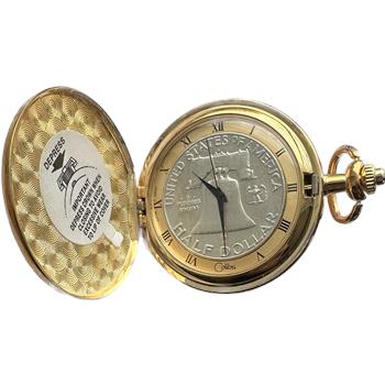 Colibri Coin Collection Gold Tone Pocket Watch with (2) 1963-D Franklin Half Dollar Coins Imbedded - Needs Battery
