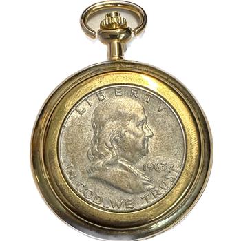 Colibri Coin Collection Gold Tone Pocket Watch with (2) 1963-D Franklin Half Dollar Coins Imbedded - Needs Battery