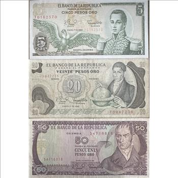 Colombia Paper Currency - 5, 20 and 50 Pesos Banknotes of Pagara Al Portador, Colombia - 3 Crisp and Colorful Notes