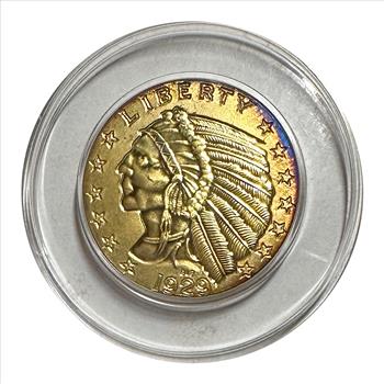 1929 Liberty Indian Eagle Five ($5) Dollars 'Copy' Coin Gold-Toned with Spot of Blue Toning Obverse, Encased