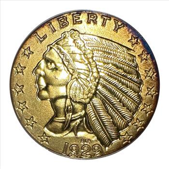 1929 Liberty Indian Eagle Five ($5) Dollars 'Copy' Coin Gold-Toned with Spot of Blue Toning Obverse, Encased