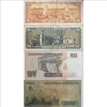 Peru Paper Currency - 10, 50, 100 and 1000 Soles Banknotes - 4 Notes Some Very Crisp