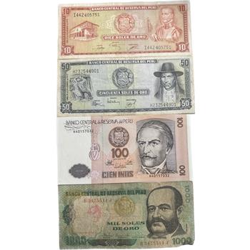 Peru Paper Currency - 10, 50, 100 and 1000 Soles Banknotes - 4 Notes Some Very Crisp
