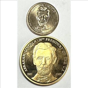 Abraham Lincoln Presidential 2 Coin Set - 2010-D $1 & 24k Gold Layered Commemorative Coin - Limited Edition - American Mint