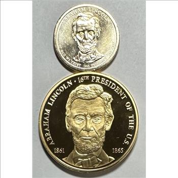 Abraham Lincoln Presidential 2 Coin Set - 2010-D $1 & 24k Gold Layered Commemorative Coin - Limited Edition - American Mint