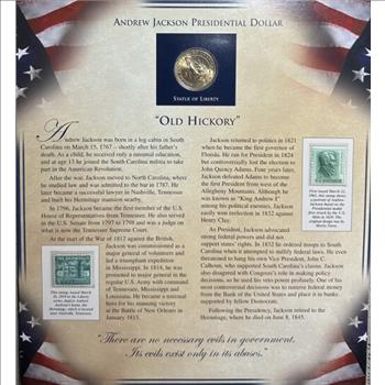 2008-P U.S. Presidential $1 Dollar Coin and 2 Historical Stamps Featuring Andrew Jackson 