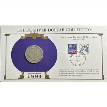 >1884 U.S. Silver Morgan Dollar-The U.S. Silver Dollar Collection With Stamp Honoring Cornerstone for Statue of Liberty Laid