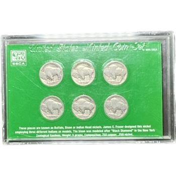 . American Frontier Nickel Set - 6 U.S. Buffalo Nickels in Custom Case 1923, 1928, 1936, 1937 & 2 No Date