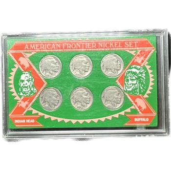 . American Frontier Nickel Set - 6 U.S. Buffalo Nickels in Custom Case 1923, 1928, 1936, 1937 & 2 No Date