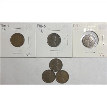 >Early U.S. Lincoln Wheat Cents - 1910-S, 1911-D, 1912-D, 1913 and 1913-D&S - 6 Cents