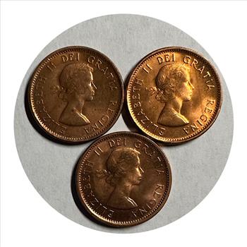 >1955, 1956 & 1957 Canada Brilliant Uncirculated One Cent Coins - 3 Coins