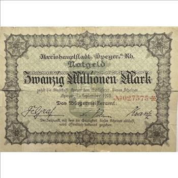 - 1923 German 20 Million Mark Note - Large Emergency Currency - City of Speyer