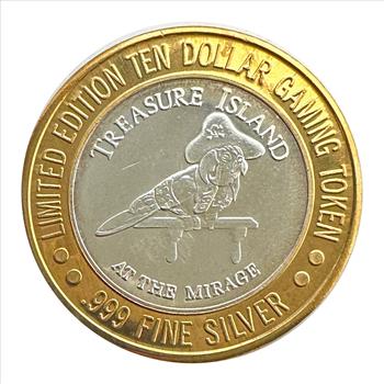 Silver Strike! TREASURE ISLAND at the Mirage, Las Vegas, NV .999 Silver $10 Gaming Token - Parrot in a Pirate Hat!