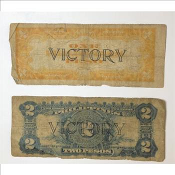 1922 Philippines 2 Banknotes - One Peso and Two Peso - Issued by US - Victory Series