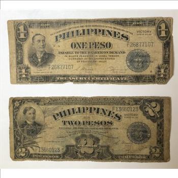 1922 Philippines 2 Banknotes - One Peso and Two Peso - Issued by US - Victory Series