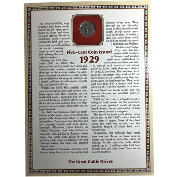 . 1929 U.S. Buffalo Nickel and 1973 8 Cent Stamp - Collector Panel - The Great Cattle Drives on Historical Story Board