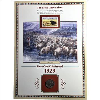 . 1929 U.S. Buffalo Nickel and 1973 8 Cent Stamp - Collector Panel - The Great Cattle Drives on Historical Story Board
