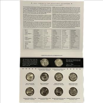 . 2011 America The Beautiful Quarters Uncirculated Coin Set - 10 National Park Quarters Beautifully Packaged