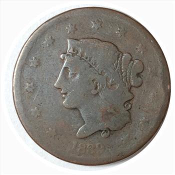 #1839 U.S. Booby Head Large Cent with Modified Reverse Omitting Line Under Cent