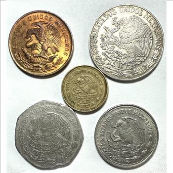 Assortment of Mexico Coins - 1964 20 Centavos, 1976 5 Pesos, 1981 10 Pesos, 1985 2 Pesos, & 1987 500 Pesos - 5 Coins