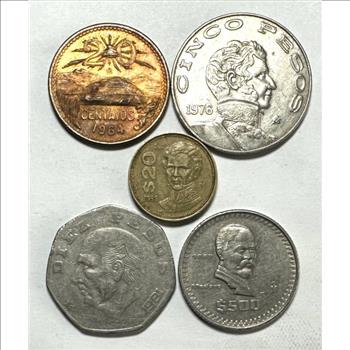Assortment of Mexico Coins - 1964 20 Centavos, 1976 5 Pesos, 1981 10 Pesos, 1985 2 Pesos, & 1987 500 Pesos - 5 Coins