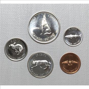 1967 Canada 5 Uncirculated Coins Commemorating 100th Anniversary of Canada - Includes 3 Silver Coins