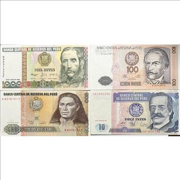 1987-1988 Peru Paper Currency - 1000, 500, 100 and 10 VERY CRISP and Colorful Intis Banknotes - 4 Notes