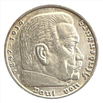 - 1935 F Germany Silver 5 Reichsmark (Paul von Hindenburg) - Great Detail