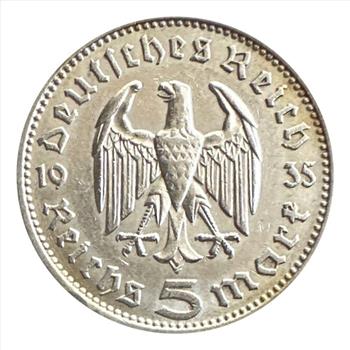 - 1935 F Germany Silver 5 Reichsmark (Paul von Hindenburg) - Great Detail