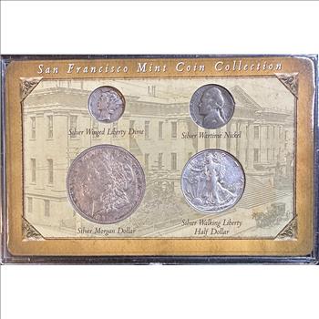 >U.S. San Francisco Silver Mint Coin Collection - 1944-S Merc Dime, 1945-S Nickel, 1921-S Morgan Dollar & 1944-S Walking Liberty