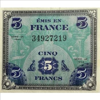 - 1944 France Cinq (5) Francs - Allied Military Currency - Very Crisp Note with Strong Color