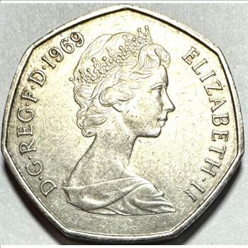 - 1969 Great Britain 50 New Pence Coin - Equilateral Curve Heptagon (7-Sided) - Subtle Toning