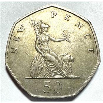 - 1969 Great Britain 50 New Pence Coin - Equilateral Curve Heptagon (7-Sided) - Subtle Toning