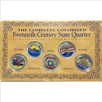 1999 Colorized Twentieth Century State Quarter Collection - NJ, DE, PA, GA and CT - 5 Colorful Quarters in Custom Display Panel