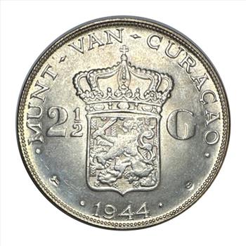 1944-D Silver Curacao Kingdom of the Netherlands  2-1/2 Gulden - Munt Van Curacao - Edge Writing - Lustrous