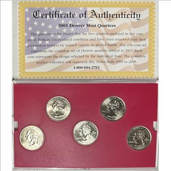 2001 Denver Mint Edition State Quarter Collection - New York, North Carolina, Rhode Island, Vermont, & Kentucky with COA