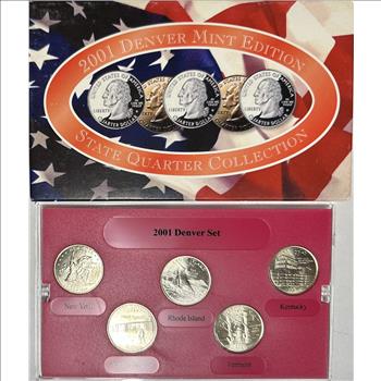 2001 Denver Mint Edition State Quarter Collection - New York, North Carolina, Rhode Island, Vermont, & Kentucky with COA