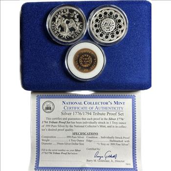 . 1776/1794 Silver Tribute Proof Set-Struck in 1 Troy Oz of .999 Pure Silver-Boxed Set-3 Coins from National Collector's Mint
