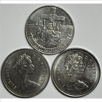 . 1984 Voyageur & Jacques Cartier  & 1986 Voyageur Canada One Dollar Coins - 3 Brilliant Uncirculated Coins