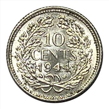 * 1944 Netherlands Silver Wilhelmina Koningin der Nederlanden 10 Cent Coin
