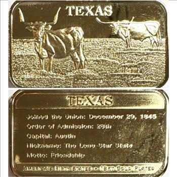 - America's 50 States Texas - The Lone Star State - 18k Gold Plated Ingot - Approx. 2