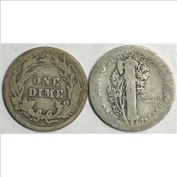 >1911 U.S. Silver Barber Dime and 1916 Silver Mercury Dime - 2 Coins
