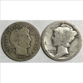 >1911 U.S. Silver Barber Dime and 1916 Silver Mercury Dime - 2 Coins