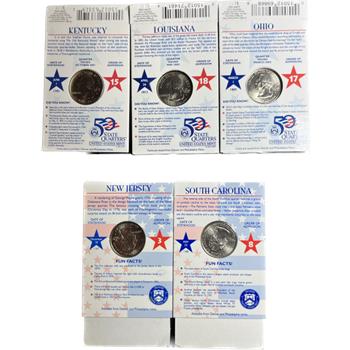 . 5 Hallmark American Spirit Collection Uncirculated State Quarters - KY, LA, NJ, OH & SC
