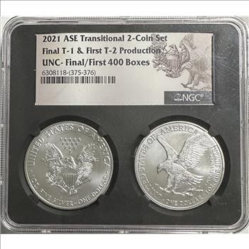 >2021 American Silver Eagle Set - NGC Verified Final T-1 & First T-2 UNC - Final/First 400 Boxes - Gorgeous Set of 2 Coins.